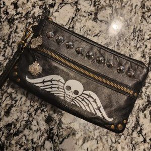 MEMENTO MORI- UPCYCLED SAKROOTS LEATHER WRISTLET